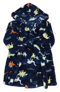 Tmavomodrý plyšový župan s dinosaury a kapucí 