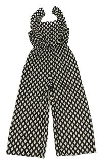 Černo-šedý vzorovaný lněný culottes overal s volánky George
