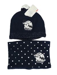 Nové - 2set - Tmavomodrá pletená čepice s Minnie a mašlí + puntíkatý nákrčník Disney