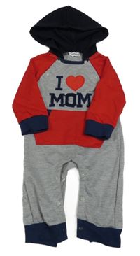 Šedo-červeno-tmavomodrá kombinéza s nápisem a kapucí