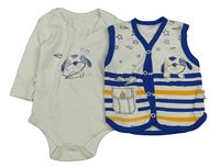 2set - Smetanové body se psem + bílo-modro-žlutá pruhovaná bavlněná propínací vesta se psem a hvězdami