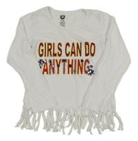 Bílé triko s nápisem s flitry a třásněmi