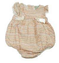 Starorůžovo-bílo-zlatý pruhovaný podšitý kraťasový overal s mašlemi