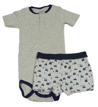 2 set - Šedé melírované body + bílo-tmavomodré boxerky s bagry 