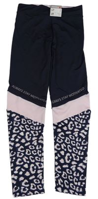 Tmavomodro-růžové sportovní legíny s leopardím vzorem