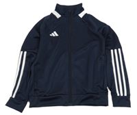 Tmavomodrá sportovní funkční propínací mikina s pruhy a logem Adidas