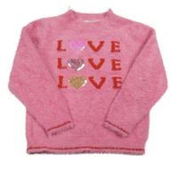 Růžový chlupatý svetr s nápisy M&Co.