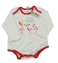 Nové - bílé body s plameňáky a červeným lemem 