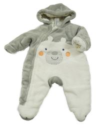 Bílo-šedá plyšová zateplená kombinéza s medvědem a kapucí C&A