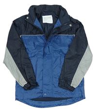 Tmavomodrdo-modro-šedá šusťáková podzimní bunda s ukrývací kapucí