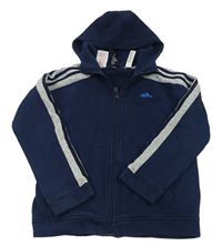 Tmavomodro-šedá propínací mikina s pruhy a kapucí Adidas