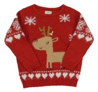 Červený svetr s vločkami a sobem F&F