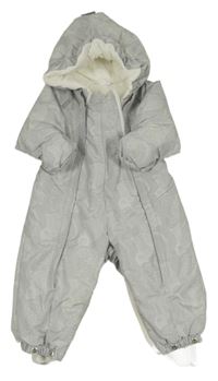 Světlešedá šusťáková zimní bunda s medvědy a kapucí 