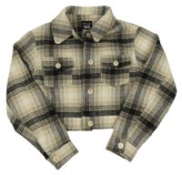 Černo-šedo-béžová kostkovaná crop košilová vlněná bunda New Look