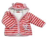 Růžovo-červená pruhovaná sametová zateplená propínací mikina s myškou a kapucí