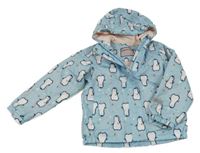 Světlemodrá šusťáková zateplená bunda s tučňáky a kapucí Pocopiano