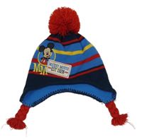 Modro-červeno-žlutá pruhovaná čepice s Mickeym a bambulí Disney