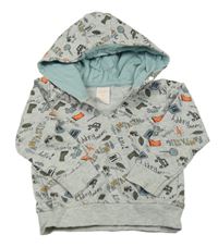 Světlešedá mikina s nápisy a obrázky a kapucí Hema 