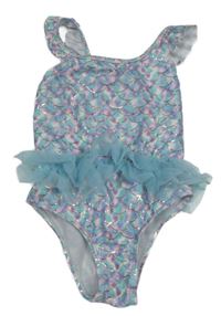 Bílo-lila-tyrkysové vzorované jednodílné plavky s volánky Primark