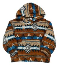 Hnědo-modro-bílá vzorovaná huňatá mikina s kapucí Shein