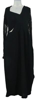 Dámské černé midi šaty s krajkovými rukávy a průstřihy