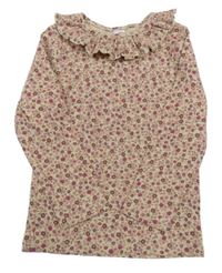 Béžové květinové žebrované triko s volánkem Topolino