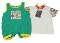 Nové - 2 set - bílo-barevné tričko + zeleno-žlutý kraťasový overal s nášivkou 