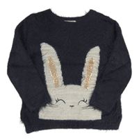 Tmavomodrý chlupatý svetr se zajícem H&M