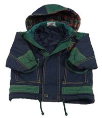 Tmavomodro-tmavozelená plátěná zateplená bunda s medvědem a kapucí 