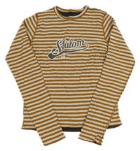 Medovo-šedé pruhované podšité triko s nápisem