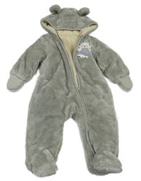 Šedá chlupatá zateplená kombinéza s medvídkem a kapucí 