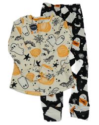 Nové - Krémovo-černé plyšové pyžamo s duchy a dýněmi