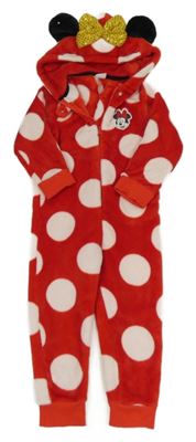 Červeno-bílá puntíkatá plyšová kombinéza s kapucí - Minnie Disney