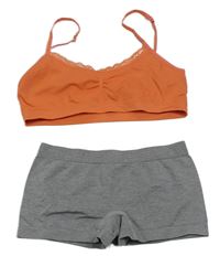 2set - Oranžová lambáda s krajkou + šedé nohavičkové kalhotky