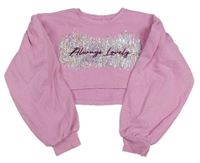 Růžová crop mikina s nápisem a flitry Matalan 