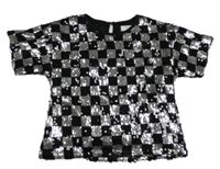 Černo-stříbrná kostkovaná slavnostní flitrová crop halenka Primark