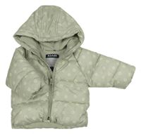 Světlezelená kytičkovaná šusťáková zimní bunda s kapucí Kiabi 