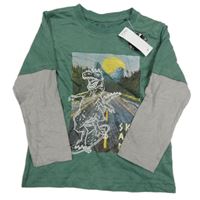 Nové - Tmavozeleno-šedé triko s dinosaurem M&Co