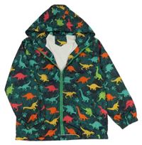 Zeleno-černá šusťáková jarní bunda s dinosaury a kapucí 