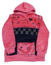 Růžovo-tmavomodrá plyšová mikina s nápisy a kapucí 