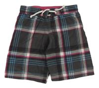 Tmavošedo-růžovo-modré kostkované plážové kraťasy 