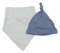 2Set - Modro-bílá pruhovaná/vzorovaná čepice + bílo/šedý vzorovaný šátek/slinták Next