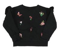 Černá oversize mikina s kytičkami a motýlky s flitry a volánky Matalan