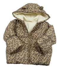 Hnědo-medovo-černá vzorovaná prošívaná šusťáková zimní bunda s kapucí s oušky Tu