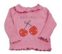 Růžové žebrované triko s třešničkami a nápisem a límečkem PRIMARK