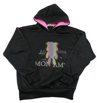 Černá mikina s medvídkem a kamínky a kapucí 