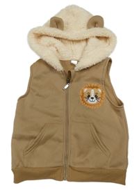 Hnědá tepláková propínací vesta se lvíčkem a chlupatou kapucí s oušky SHEIN