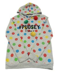 Šedo-barevná puntíkatá melírovaná mikina s nápisy a bambulemi a kapucí George