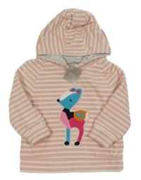 Nové - světlerůžovo-bílá pruhovaná fleecová mikina s 3D sobem a kapucí Next