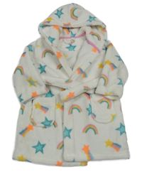Bílý plyšový župan s hvězdičkami a kometami a duhami a kapucí Bluezoo